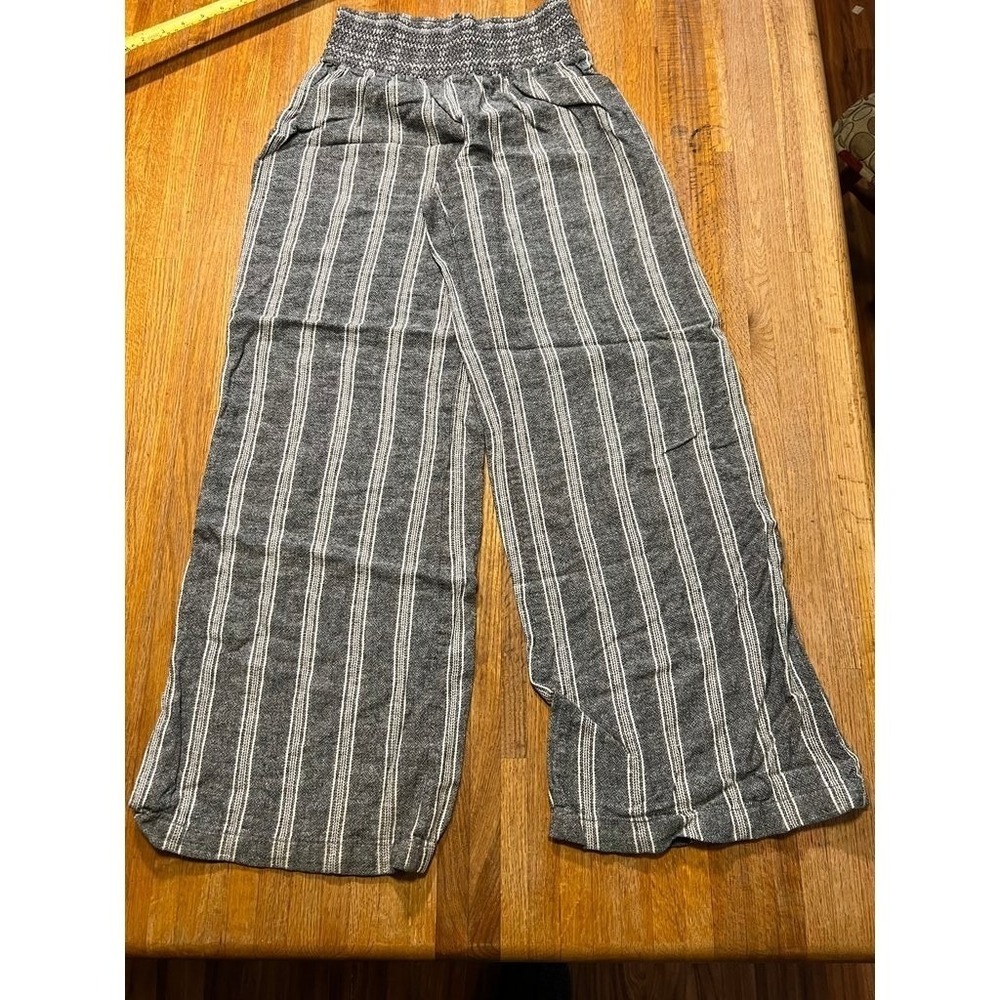 Rewash Women Large Gray Striple Linen Blend High Waist Wide Leg Beach BOHO Pants